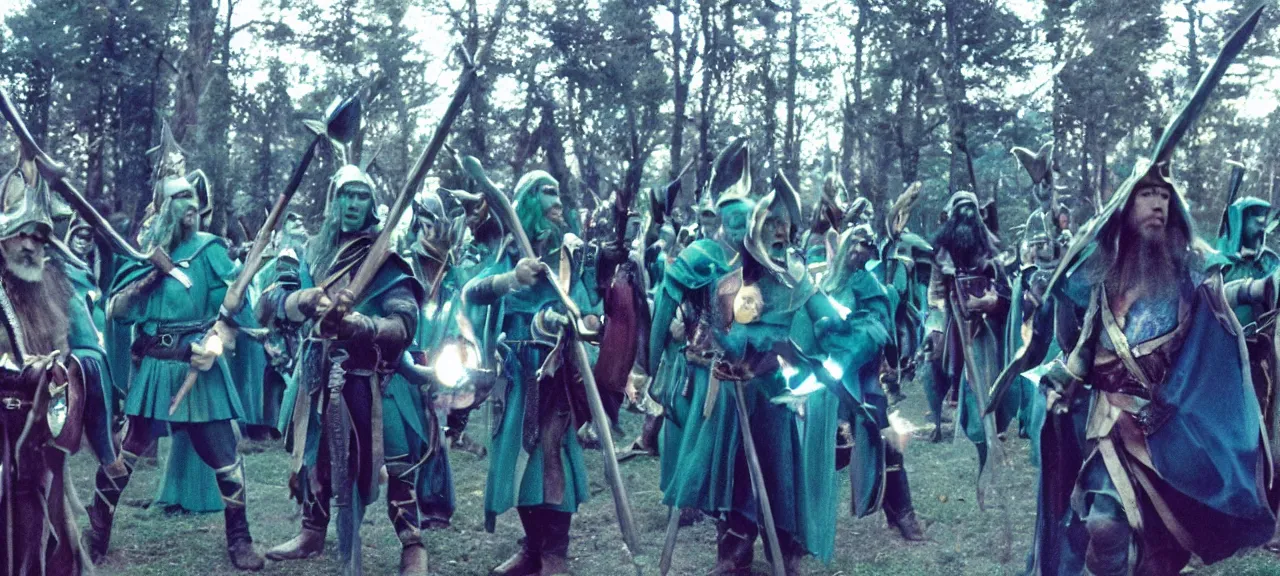 Prompt: The council of Elves gift the Dwarfs with magical defensive spell protection casting a visible blue green electric aura around the group of Dwarves, the light glinting off their Dwarven armor and weaponry. Cinematic film still. 35mm. Color Graded