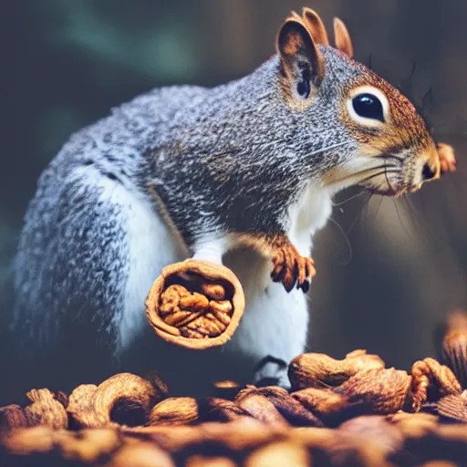 Prompt: polaroid shot of squirrel eating a nut, esthetics, bokeh