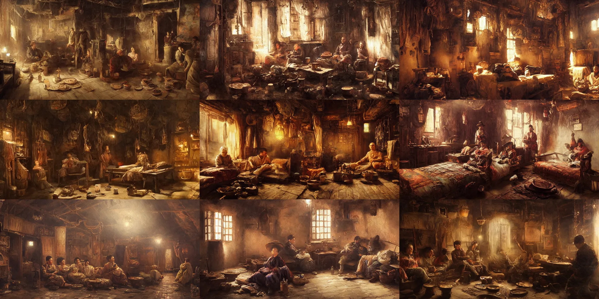 Prompt: a stunning and noble highly detailed romantic period style atmospheric oil painting of an Opium den by Josep Tapiró Baró, trending on artstation, oil painting masterpiece