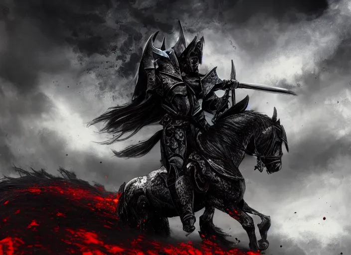 Image similar to a menacing knight in full plate of black armor, splattered with blood, riding a large black war horse, with red glowing eyes flowing red mane and tail, blackened clouds cover sky, crackling with lightning, a castle in distance burns, the ground is wet and cracked, d & d, fantasy, highly detailed, digital art, illustration,