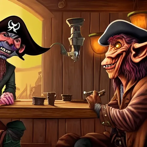 Prompt: a goblin with a large nose and a pirate with a bandana negotiating a contract with Jared Leto in a Western saloon. Realism