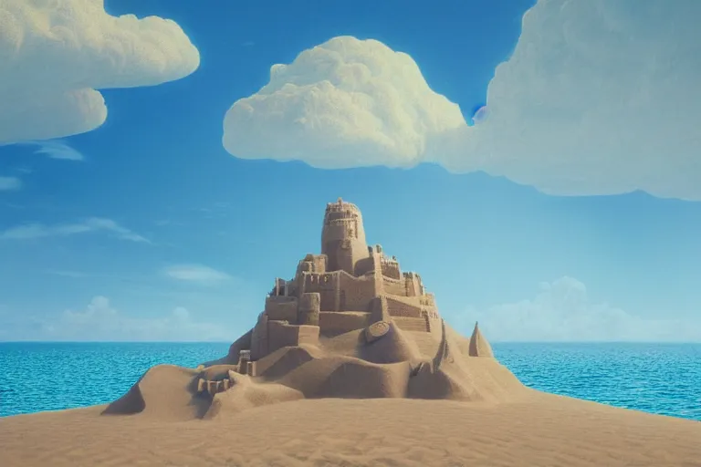 Image similar to a giant sand castle on a california beach, fluffy clouds, blue sky by magritte and beeple, digital painting, hyper detailed, masterpiece 4 k