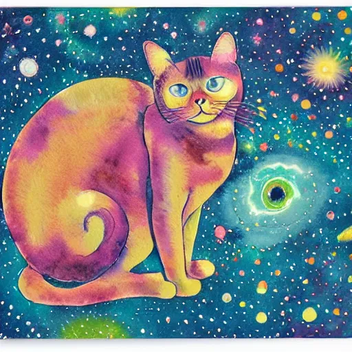 Image similar to a cosmic Siamese cat with galaxies swirling in her eyes, watercolor by Louis William Wain,