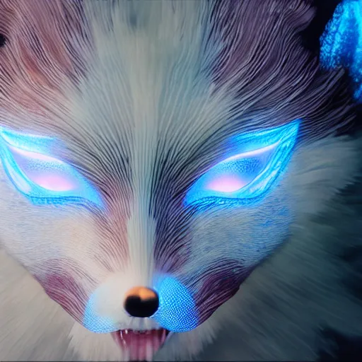 Prompt: a translucent beautiful made holographic kitsune mask in the middle of the picture, sourrounded by fod, intricate unreal engine 5 creation, movie still