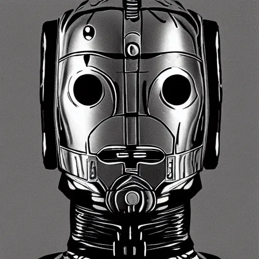 Prompt: Cyberman, creepy, black and white, 1960s