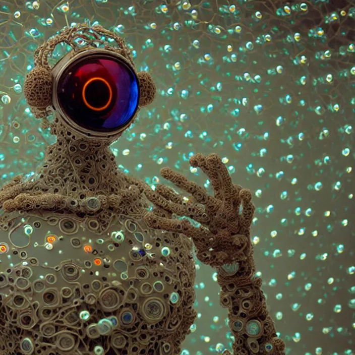 Image similar to a cybernetic symbiosis of a single astronaut mech-organic eva suit made of pearlescent wearing knitted shiny ceramic multi colored yarn thread infected with diamond 3d fractal lace iridescent bubble 3d skin dotted covered with orb stalks of insectoid compound eye camera lenses floats through the living room, film still from the movie directed by Denis Villeneuve with art direction by Salvador Dalí, wide lens,kevlar,carbon fiber,ceramics,gaseous materials,