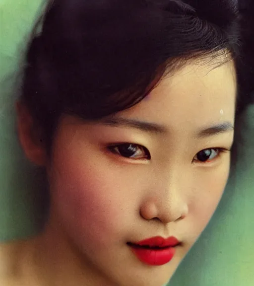 Image similar to vintage_closeup portrait_photo_of_a_stunningly beautiful_vietnamese_woman with amazing shiny eyes, hyper detailed by Annie Leibovitz