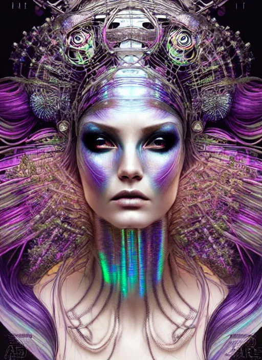Prompt: hyperrealistic detailed portrait of a beautiful goddess in an iridescent cyber headdress, intricate cyberpunk make - up, art by android jones, nekro borja, alphonso mucha, h. r. giger, ornamental gothic - cyberpunk,