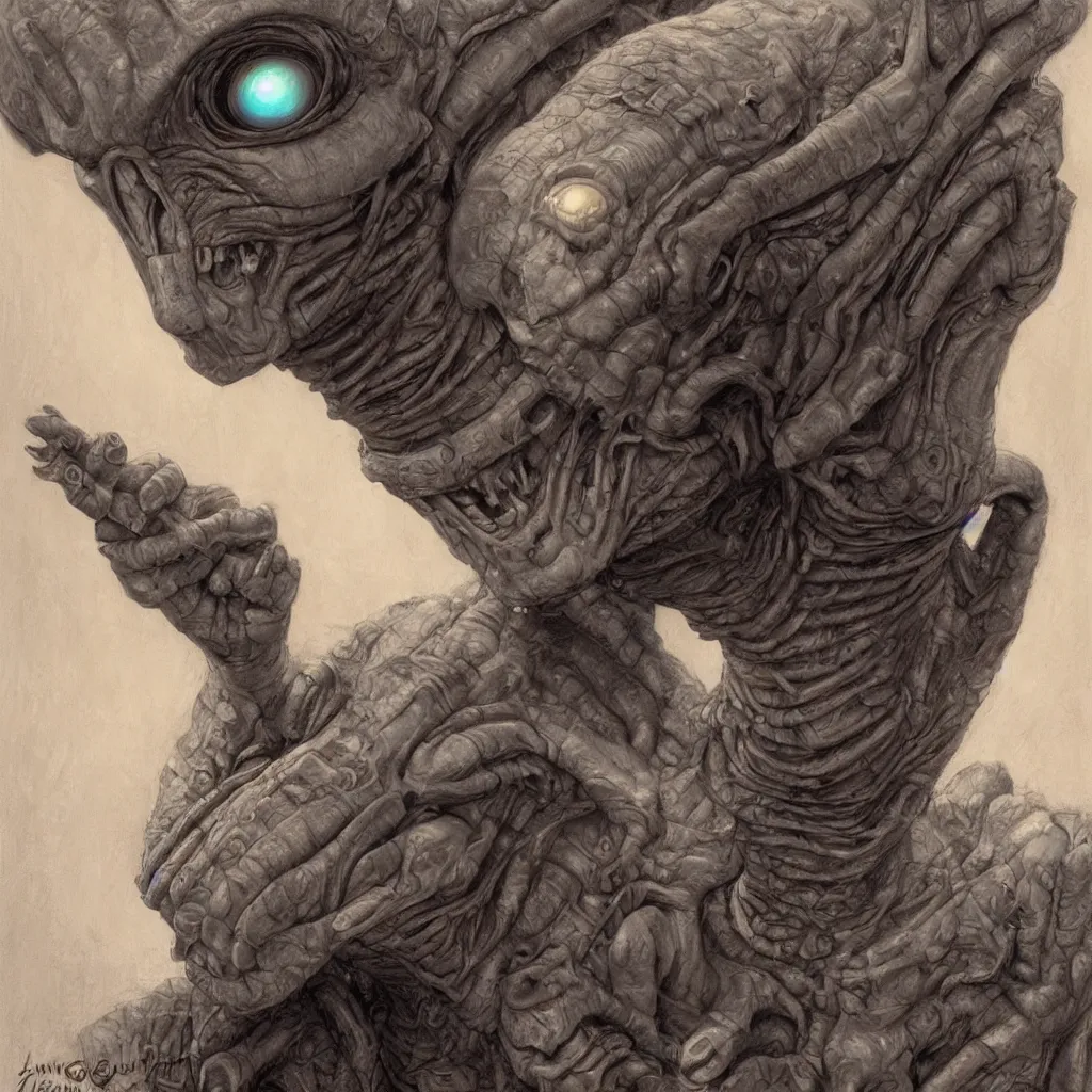 Image similar to portrait of an alien in the style james gurney