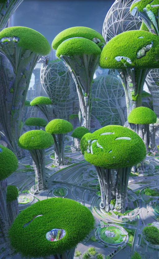 Prompt: beautiful 3 d scifi futuristic biophilic city colorful architectural landscape, arches, cellular bridges, stone columns, rhizomorph finials spires, brackets, fractal puffballs, vincent callebaut, iris van herpin, elegant lace haute couture broad embroidered cone trees, porcelain magnolia fluid nebula, soldier lichen, soft light, unreal engine, 8 k