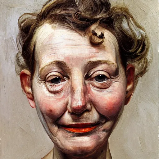 Prompt: high quality high detail painting by lucian freud, hd, portrait of smiling sad woman, photorealistic lighting