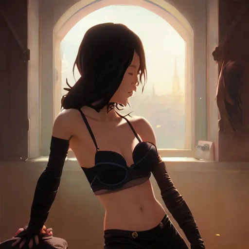 Prompt: highly detailed character portrait of cassandra cain, wearing a satin bra!!!, laying in bed!!!, stephen bliss, unreal engine, fantasy art by greg rutkowski, loish, rhads, ferdinand knab, makoto shinkai and lois van baarle, ilya kuvshinov, rossdraws, tom bagshaw, global illumination