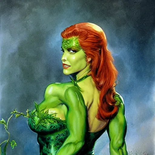 Image similar to poison ivy from batman, painting by Boris Vallejo