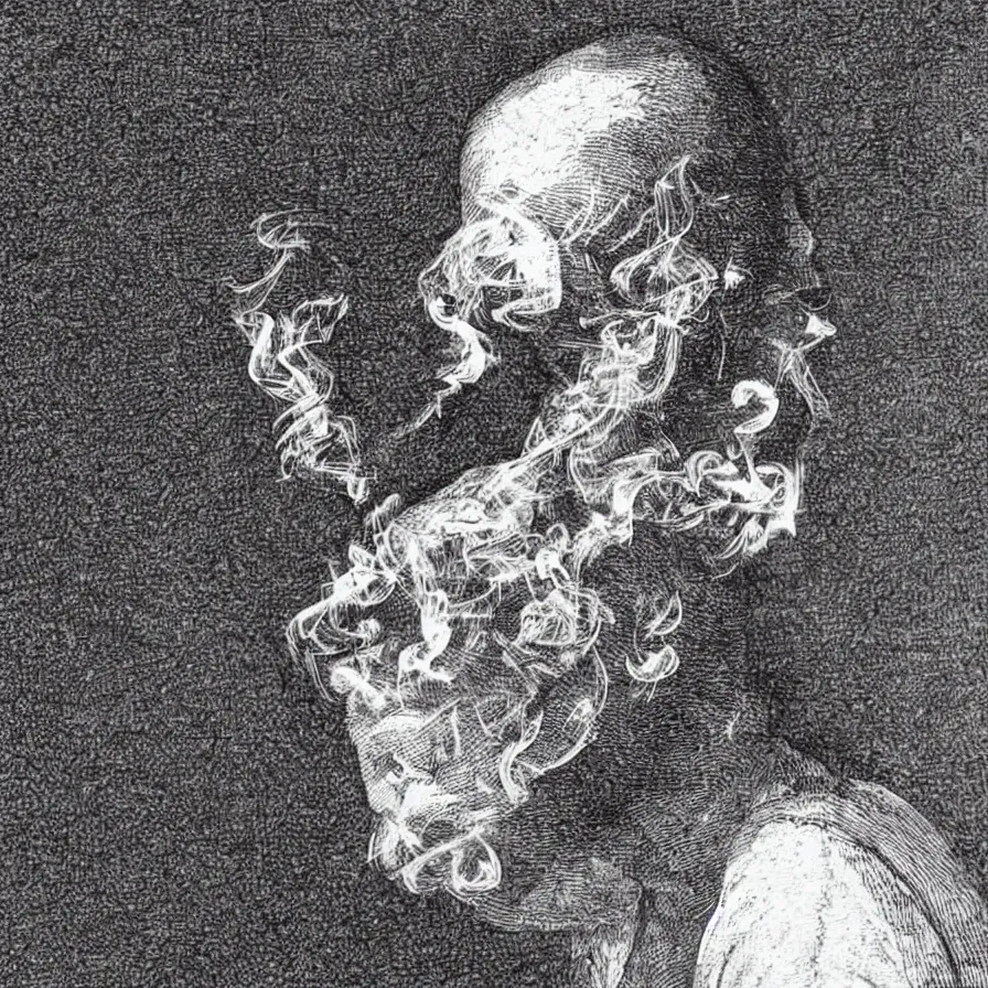 Prompt: An illustration of a character whose head has turned into smoke.