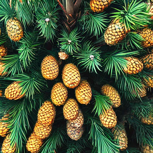 Prompt: photograph of pineapples on a lodgepole pine tree, high quality, 4 k, realistic