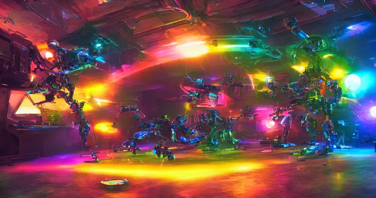 Image similar to vivid colors, spectrum, robot fight, drama, high quality, vray, cg, crazy, space