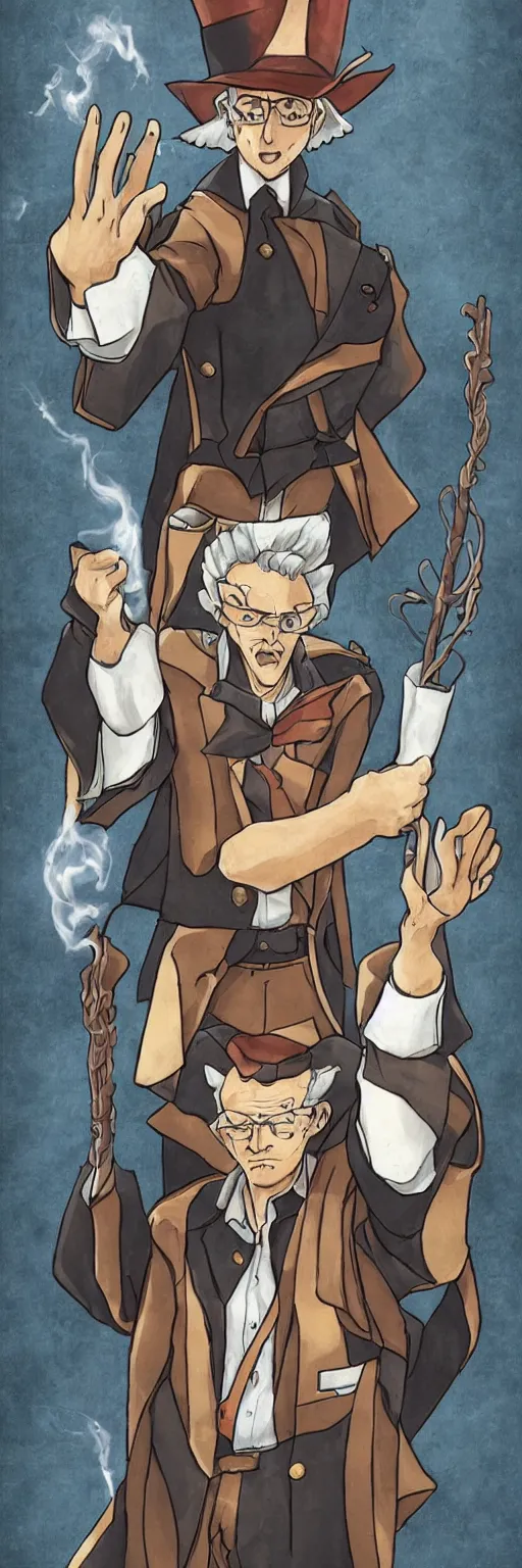 Prompt: the judge from Ace Attorney with a beam scale in one hand. Tarot card Justice, impressive art, detailed, single subject, high quality