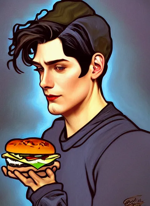 Prompt: oil painting, jughead jones has a really long nose, he wears a light grey crown, and devours a hamburger, intricate, elegant, highly detailed, lighting, painting, artstation, smooth, illustration, art by greg rutowski and alphonse mucha