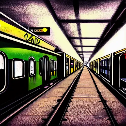 Image similar to a subway station with a graffiti painted subway train, dramatic light, award winning, concept art, art station, in the style of inio asano