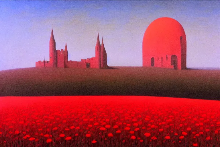 Image similar to only with red, red flowers of different types, a castle in the background, red giants rest over the flowers, in the style of beksinski, part by hopper, part by rodcenko, part by hofbauer, intricate composition, red by caravaggio, insanely quality, highly detailed, masterpiece, red light, artstation, 8 k