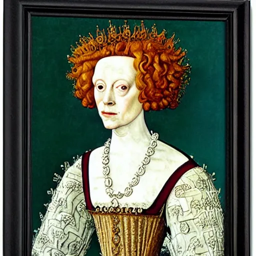 Prompt: sigourney weaver as queen elizabeth i, elegant portrait by sandro botticelli, detailed, symmetrical, intricate