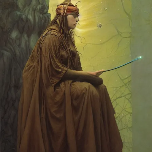 Image similar to portrait of a blindfolded priestess, by gerald brom, donato giancola, and berthold woltze.