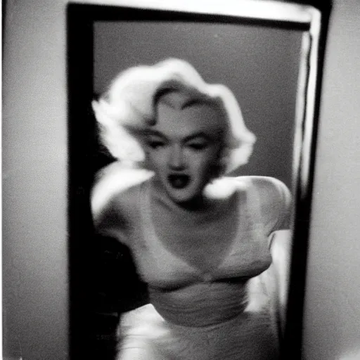 Prompt: A creepy polaroid photo of marilyn monroe chasing you down a hallway