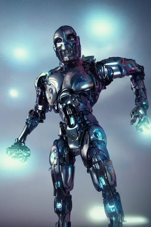 Image similar to cyborg letting go of reality and experiencing the quantum feild, matte painting comic book art, cinematic, highly detailed, realistic, beautiful cosmic neural network, octane render, unreal engine, depth of field, trending on artstation, sharp focus, philosophical splashes of colors