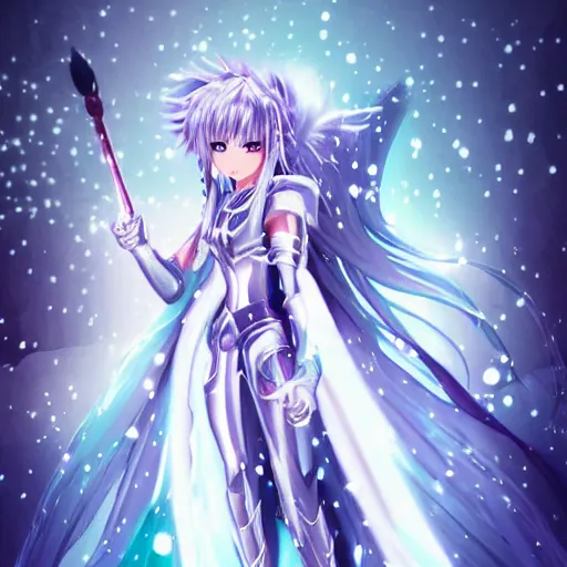 Prompt: portrait focus of beautiful 3 d anime girl as a saint seiya knight!! silver frozen ice armor wearing!! dark forest background snowing, bokeh, inspired by masami kurum