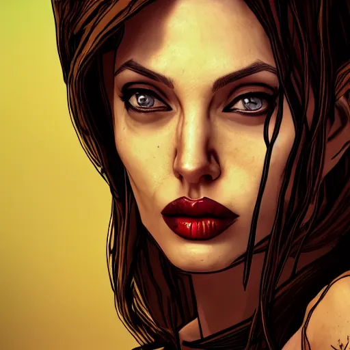 Image similar to angelina jolie portrait, borderlands, tales from the borderlands, the wolf among us, comic, cinematic lighting, studio quality, 8 k