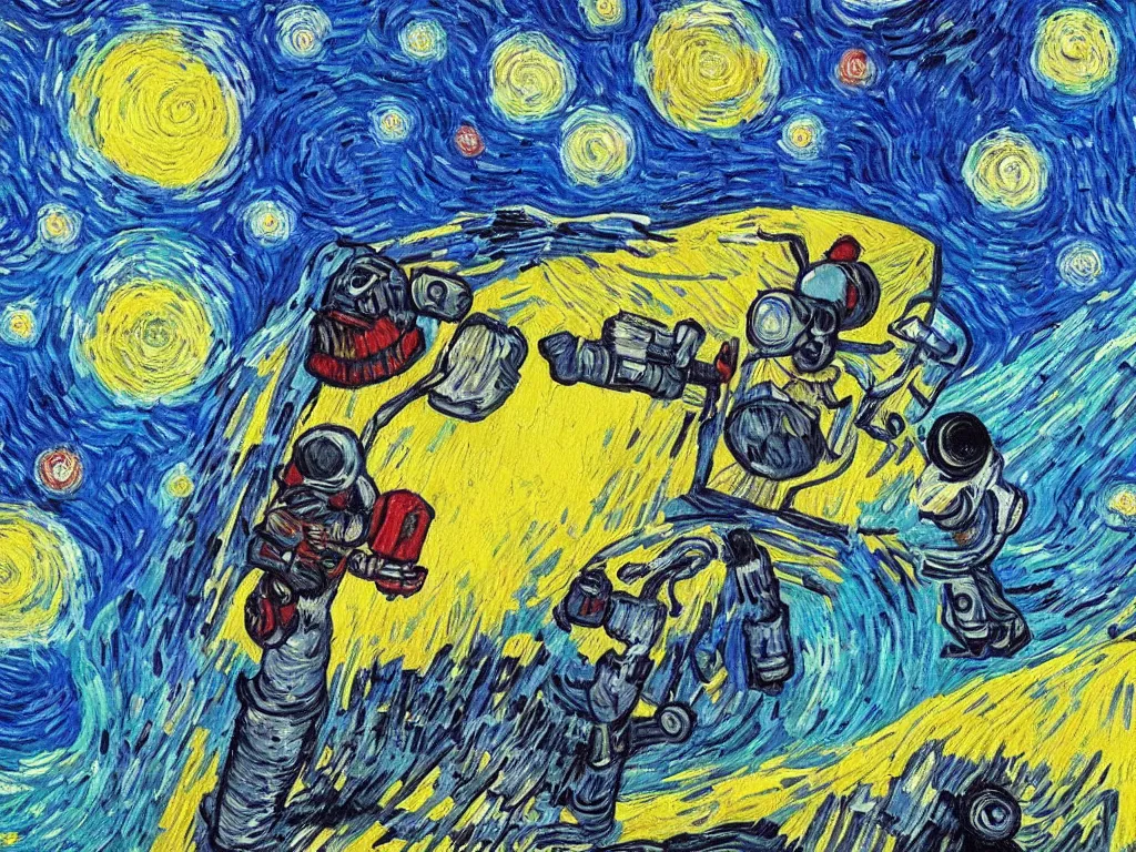 Image similar to bright beautiful oil painting of astronaut lands on a tropical candy planet, light scatter, van gogh