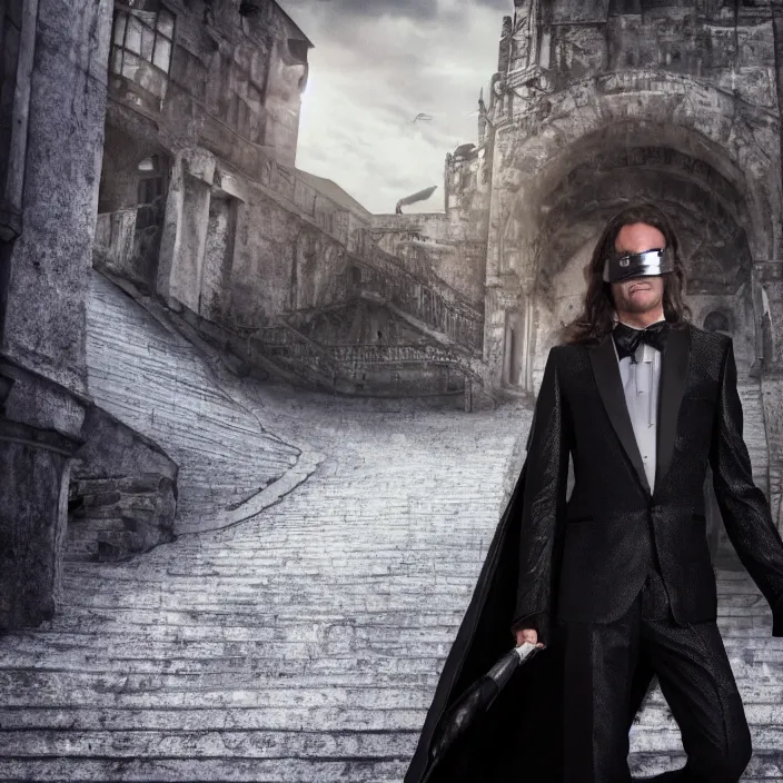 Image similar to cinematic movie, background is castle and steps, s man with a silver iron mask, with silver wavy long hair, black suit, 4 k