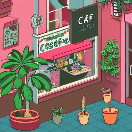 Prompt: isometric cute cartoon illustration style cafe australian, decorated with cute cannabis pot plants 🪴 utopian frontage, poster, beautiful colors pastel palette by will barnet, digital art, hyperrealistic, sharp detailed soft, render cartoon by pixar