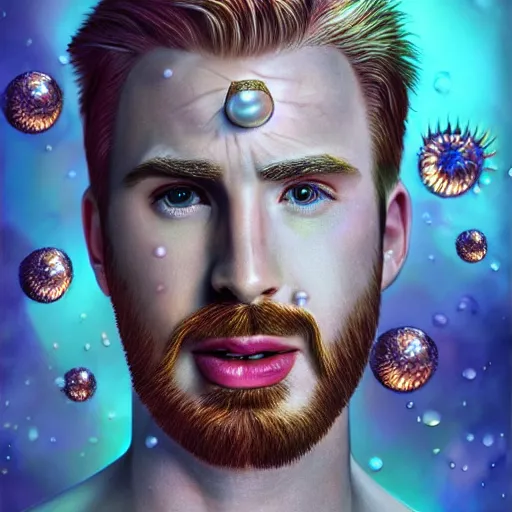 Prompt: chris evans portrait, fantasy, mermaid, hyperrealistic, highly detailed, cinematic lighting, pearls, glowing hair, shells, gills, crown, water, highlights, starfish, jewelry, realistic, digital art, pastel, magic, fiction, ocean, game, king, colorful hair, sparkly eyes, fish, god, waves, bubbles, heroic