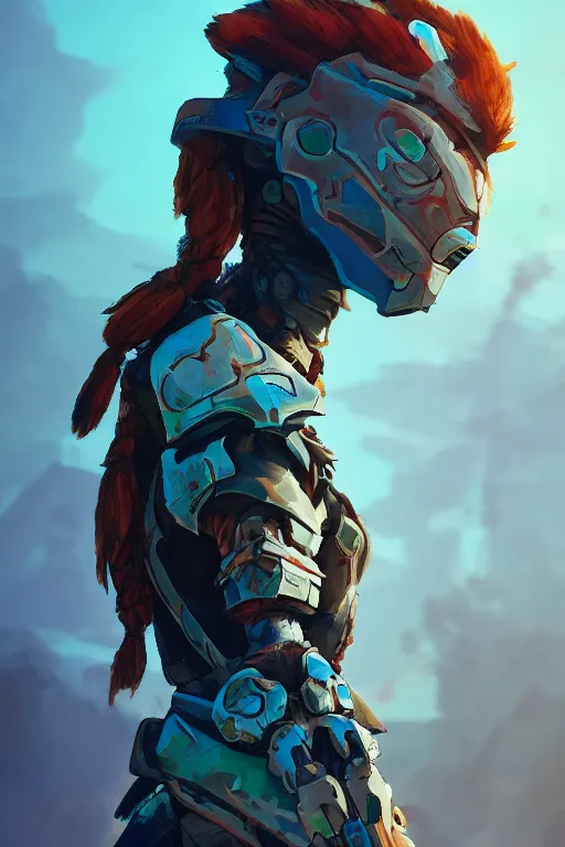 Image similar to combination suit armor aloy horizon forbidden west horizon zero dawn radiating a glowing aura global illumination ray tracing hdr fanart arstation by ian pesty and alena aenami artworks in 4 k tribal robot ninja mask helmet backpack