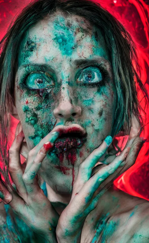 Image similar to grungy woman with luminescent paint flowing out of her mouth, dark, horror, cinematic, Sony a7R IV, symmetric balance, polarizing filter, Photolab, Lightroom, 4K, Dolby Vision, Photography Award