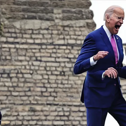 Prompt: joe biden screaming and falling off a tower.