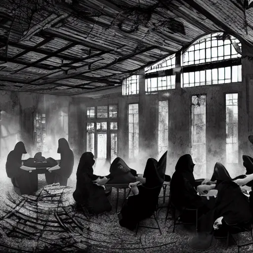 Image similar to A group of people covered in black and white robes with hoods playing poker at a poker table in the middle of an abandoned building, big room, with vines and plants growing out of cracks, broken walls and ceiling with natural light shining through, the light shows dust in the air, digital art, award winning art, 8k