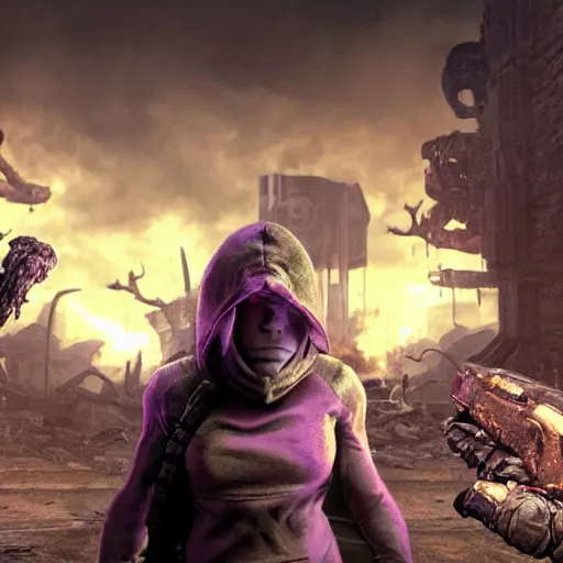 Image similar to apocalyptic world, doom game like look, female in hoodie in the middle, purple hair, shooting the monsters, 8 k, photorealistic, hyper realistic, full detail