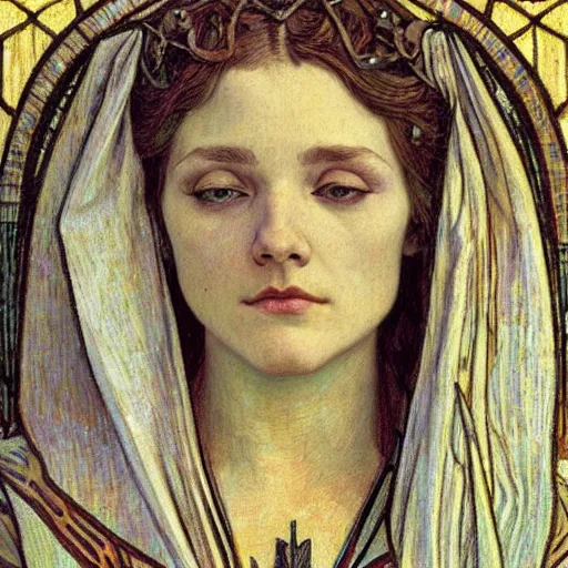 Image similar to detailed realistic beautiful young medieval queen face portrait by jean delville, alphonse mucha, vincent van gogh, and marco mazzoni, art nouveau, symbolist, visionary, gothic, pre - raphaelite