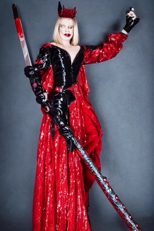 Image similar to Lord Licorice in a red and black sequins gown holding a peppermint sword