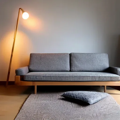 Image similar to wooden sofa, square cushions, studio lighting, scandinavian design, minimalist