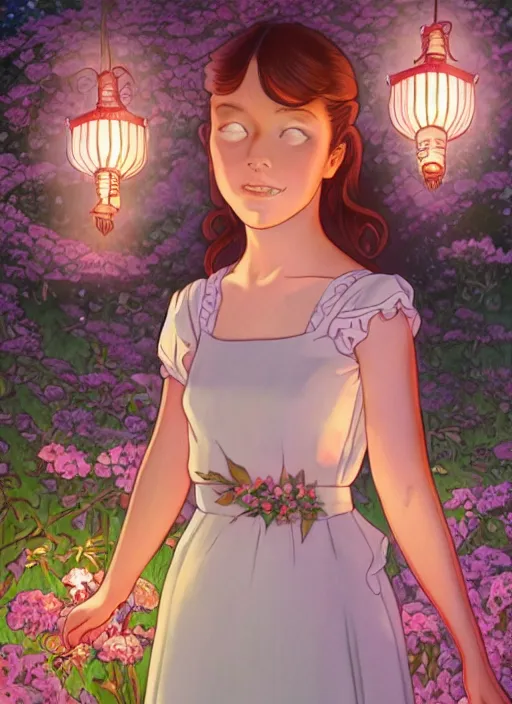 Image similar to well - lit art nouveau portrait of a 1 3 - year old girl wearing a sundress in a flower garden with lanterns at night, natural lighting, path traced, highly detailed, high quality, cartoon, digital painting, by don bluth and ross tran and studio ghibli