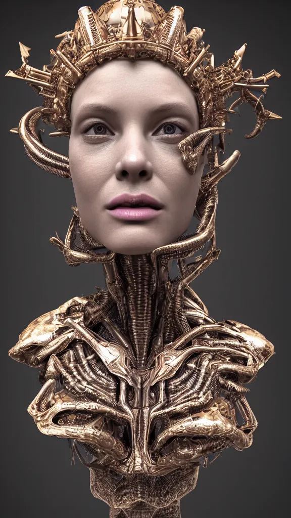 Prompt: a high quality photo of a young beautiful female queen-alien-cyborg bust with a very long neck and Mandelbrot fractal face with crown, by mario feng, scales, alien eyes, master shot, octane render, 8k, ultra hd, perfect light