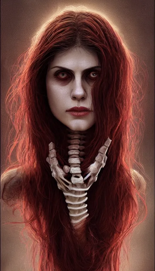 Image similar to woman skeleton body!!, black bones!!, covered with blood, alexandra daddario face!!, long red hair, ultra realistic, concept art, intricate details, highly detailed, photorealistic, octane render, 8 k, unreal engine. retro film still, heavy grain, 3 5 mm, art by artgerm and greg rutkowski and alphonse mucha