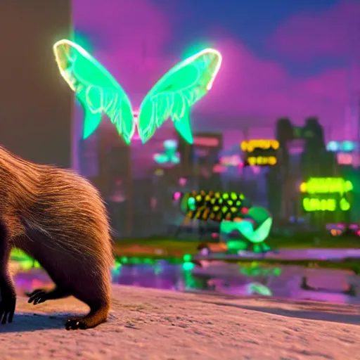 Prompt: neon fluorescent, iridescent cute meerkats with fairy wings cyperpunk 2 0 7 7, unreal engine 5, 8 k ultra realistic, hyperdetailed, volumetric lighting, extremely high quality