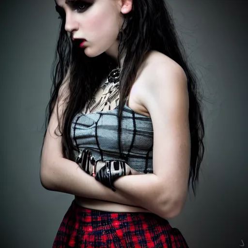 Image similar to gothic teen girl in plaid mini skirt and crop top, beautiful face, intricate, extremely detailed, modeling photography, 8 0 mm camera, dramatic lighting, dark room