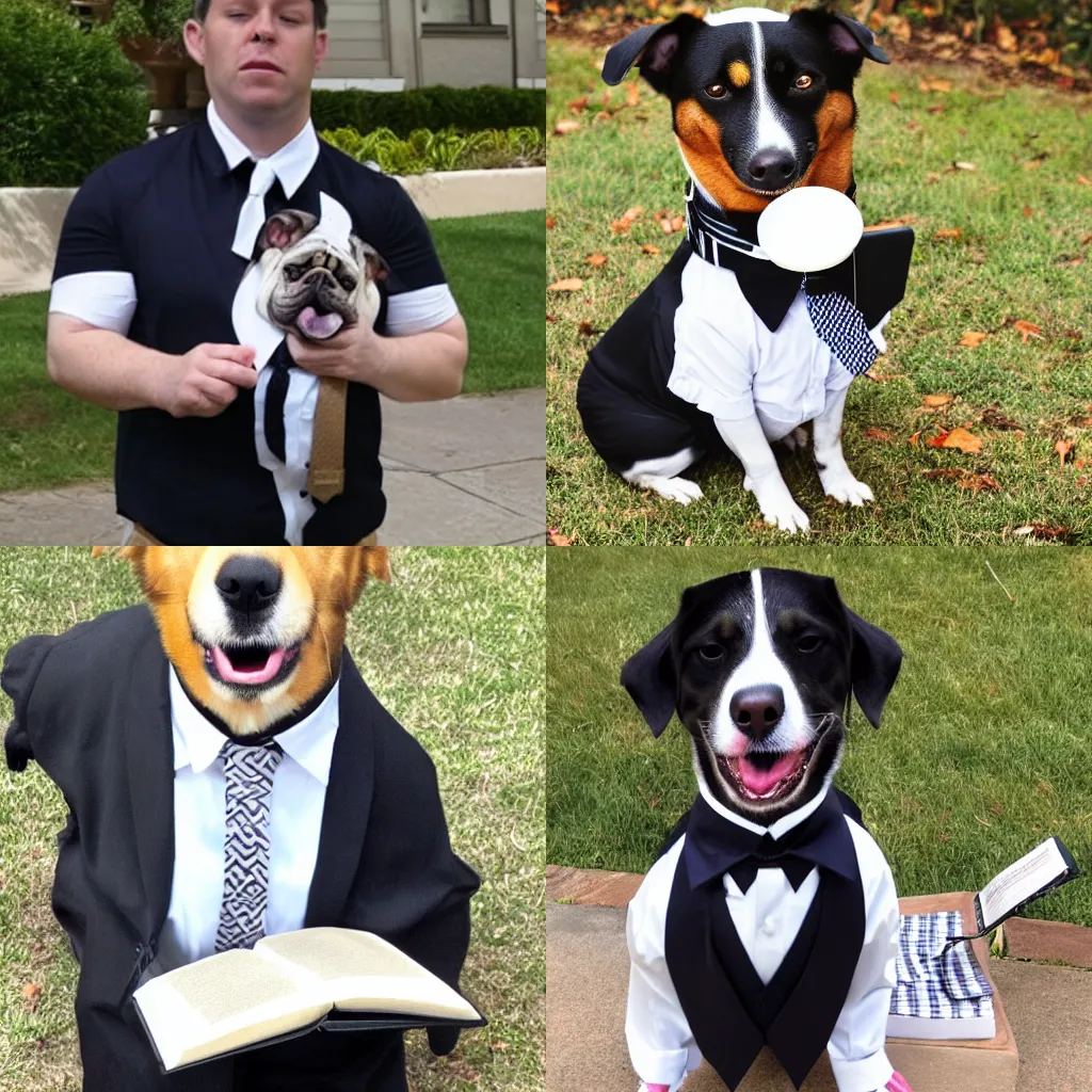 Prompt: a dog wearing a white short - sleeve collared shirt, a tie, and black pants holding a bible in its mouth