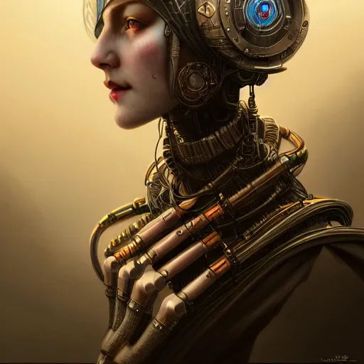 Image similar to dieselpunk robotic elvish empress, extremely detailed, hyperrealistic, intricate, soft light, fantasy, d & d, digital painting, art station, by wlop
