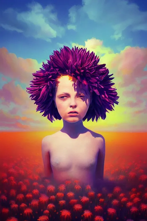 Image similar to closeup girl with huge dahlia flower head, portrait on beach, surreal photography, blue sky, sunrise, dramatic light, impressionist painting, digital painting, artstation, simon stalenhag